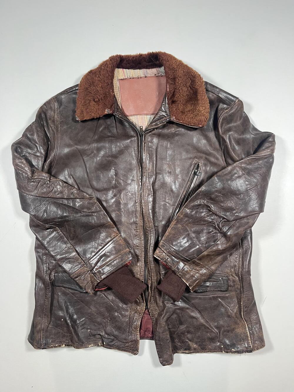 Vintage 70's Eddie Bauer Leather Jacket Large Brown Bomber Fur Collar Lined Rare
